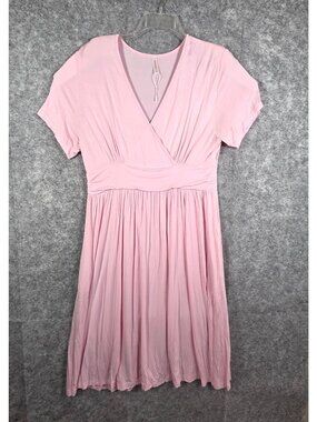 Weaczzy Women's Short Sleeve Midi Dress V Neck Pullover Pink Size XL Strech